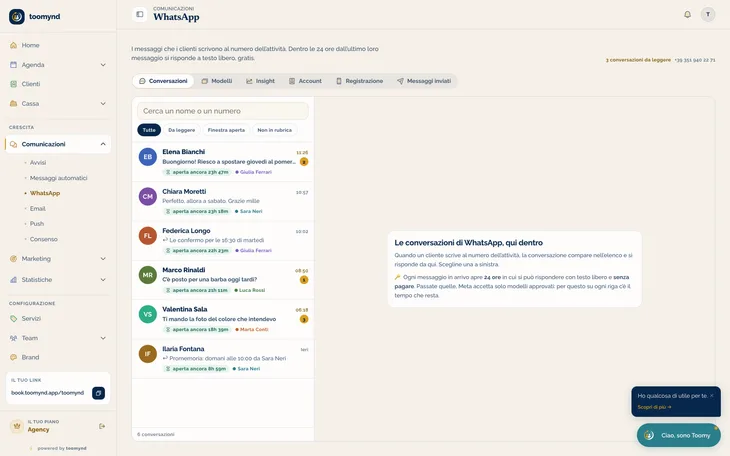 La casella dei messaggi WhatsApp dentro Toomynd, con l’elenco delle conversazioni e il tempo che resta per rispondere