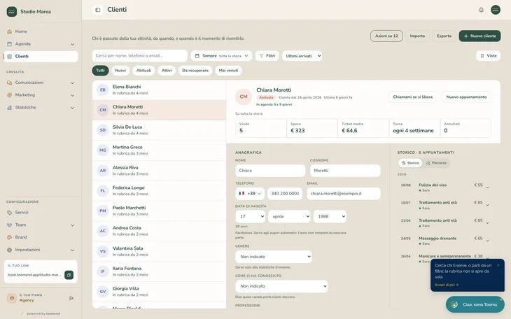 La scheda di un cliente dentro Toomynd, con visite, spesa, ogni quanto torna e lo storico